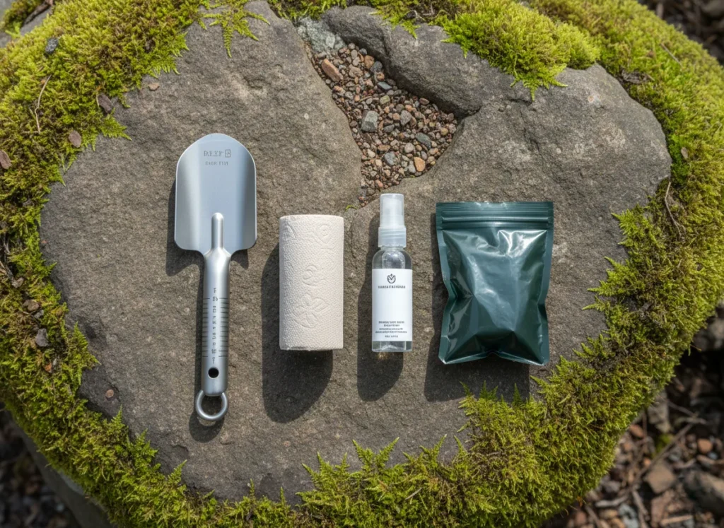 An essential hiker's sanitation kit, including a trowel, toilet paper, hand sanitizer, and a sealable bag, laid out on a rock.
