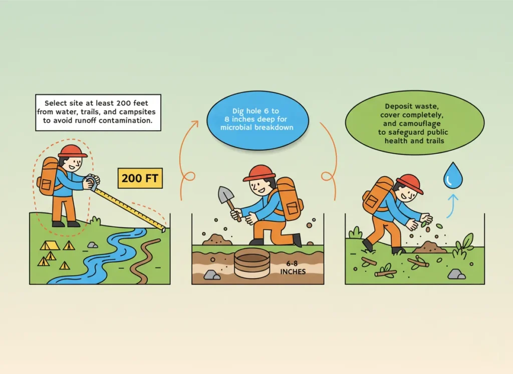 Step-by-step flat vector illustration showing proper cathole digging in the backcountry: selecting a distant site from a stream, excavating a deep hole with a tool, and covering the deposit with soil and natural camouflage to prevent pathogen spread.