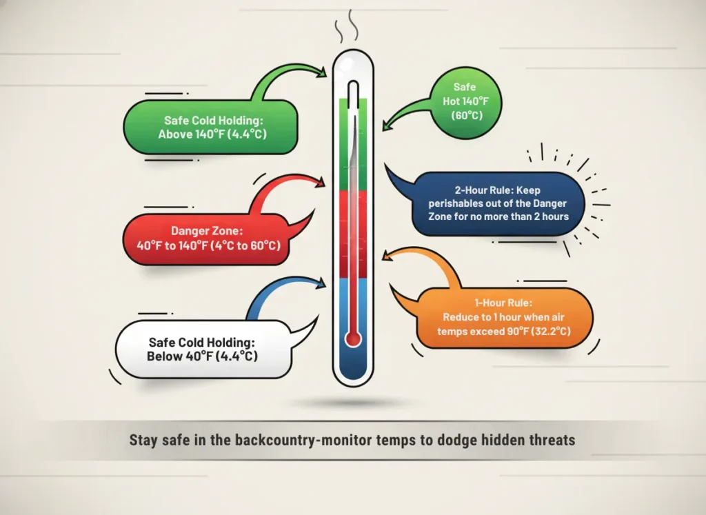 A vibrant infographic diagram featuring a central thermometer illustrating the food temperature danger zone, with color-coded sections for safe cold holding in blue below 40°F, the red danger zone from 40°F to 140°F, and safe hot holding in green above 140°F, accompanied by callout boxes explaining the 2-hour and 1-hour rules for perishable foods in remote backcountry settings.