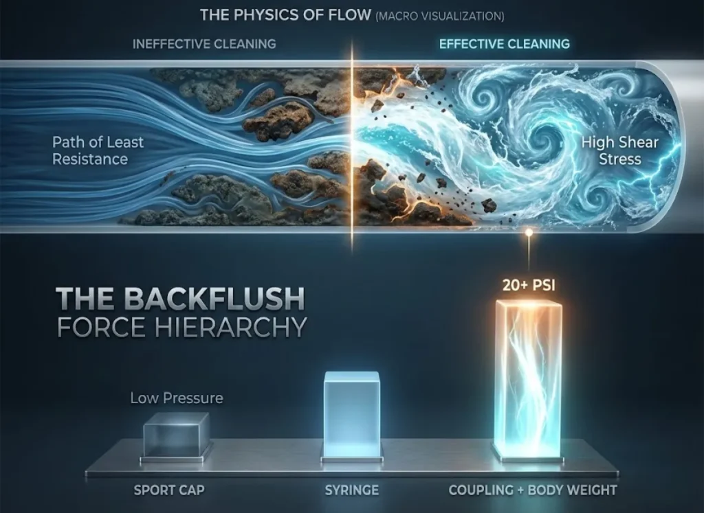 A high-definition scientific infographic illustrating water filter mechanics. The top half shows a microscopic cross-section of a hollow fiber membrane, contrasting gentle water flow bypassing clogs versus high-pressure turbulent flow removing sediment. The bottom half displays a 3D bar chart titled "The Backflush Force Hierarchy" comparing the pressure output of different cleaning methods.