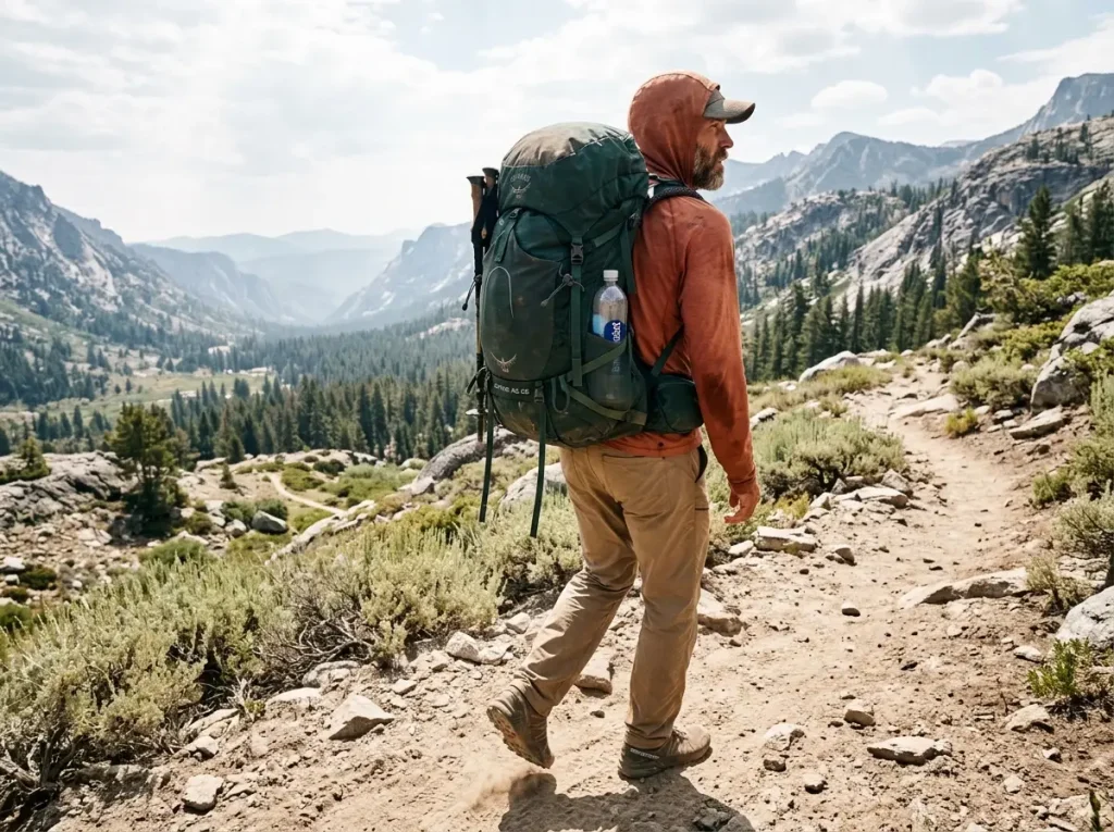Backpack hip belt riding correctly on the hips, showing torso length sized the pack right