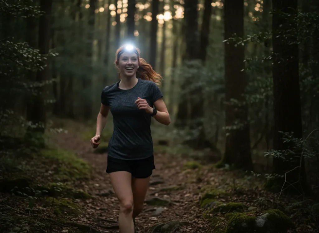 A confident female hiker with red hair smiles as her bright headlamp illuminates a dark forest trail at dusk.