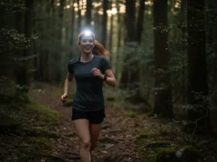 Best Hiking Headlamp? A Guide to Trail Safety & Performance A confident female hiker with red hair smiles as her bright headlamp illuminates a dark forest trail at dusk.