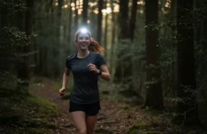 Best Hiking Headlamp? A Guide to Trail Safety & Performance A confident female hiker with red hair smiles as her bright headlamp illuminates a dark forest trail at dusk.