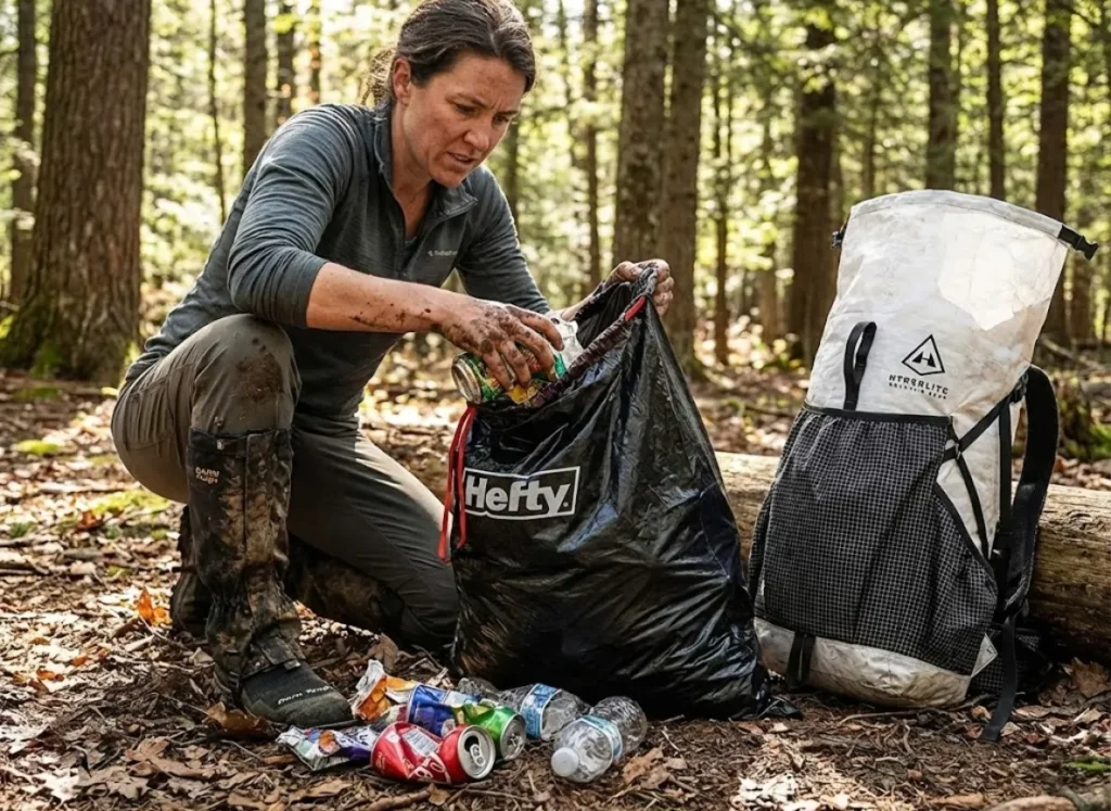 Hiker with Hyperlite Mountain Gear pack cleaning up trash using a Hefty bag.
