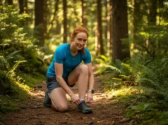 Best Zero Drop Shoes for the Trail: A Hiker’s Analysis A fit redhead woman in her late 20s kneels on a forest trail to adjust the laces of her zero-drop hiking shoe.