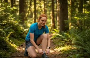 Best Zero Drop Shoes for the Trail: A Hiker’s Analysis A fit redhead woman in her late 20s kneels on a forest trail to adjust the laces of her zero-drop hiking shoe.