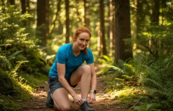 Best Zero Drop Shoes for the Trail: A Hiker’s Analysis A fit redhead woman in her late 20s kneels on a forest trail to adjust the laces of her zero-drop hiking shoe.
