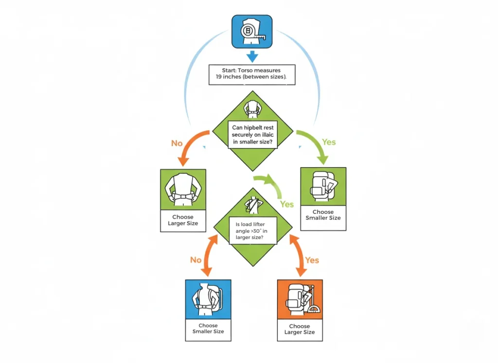 A horizontal infographic decision tree in modern explainer cartoon style, guiding users through choosing the right backpack size when torso measurement falls between options, with branching paths evaluating hipbelt security and load lifter angle effectiveness.