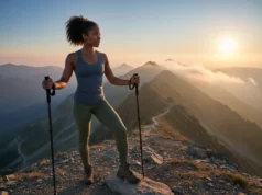 Beyond Mindset: A Guide to Thru-Hike Mental Prep An athletic Afro-American woman pausing on a misty mountain trail, looking out at the landscape with a determined expression.