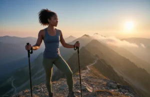 Beyond Mindset: A Guide to Thru-Hike Mental Prep An athletic Afro-American woman pausing on a misty mountain trail, looking out at the landscape with a determined expression.