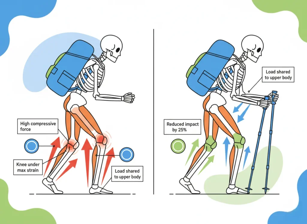 Side-by-side infographic illustrating the biomechanics of a downhill hiking step with and without trekking poles, showing force vectors on a hiker's skeleton and load redistribution to reduce joint impact.