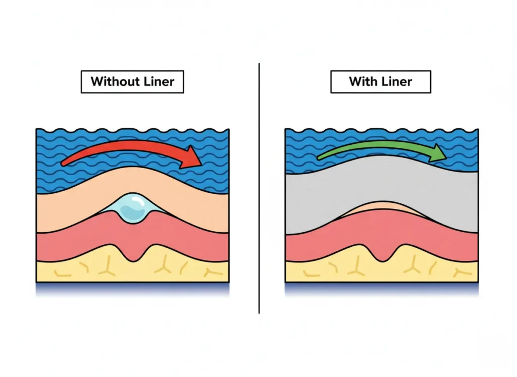 Infographic diagram illustrating a cross-section of skin to compare blister formation without and with a liner sock, highlighting shear forces and friction in hiking footwear.