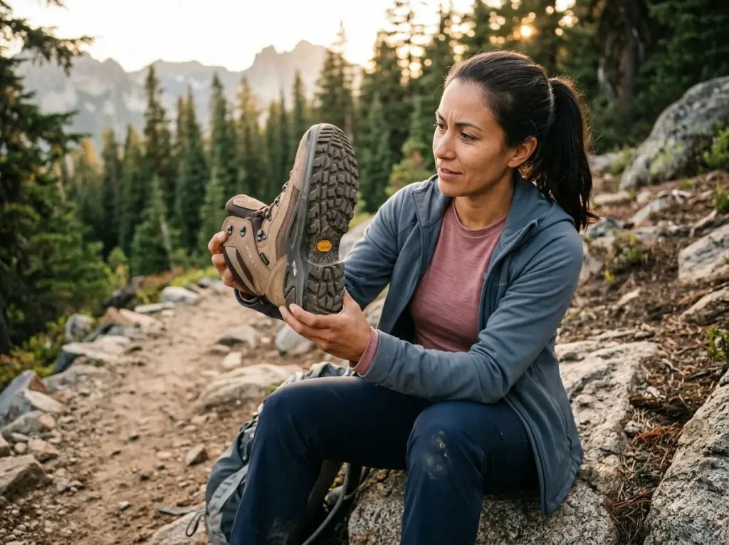 Worn hiking boot sole held up showing layer construction between midsole and outsole on trail