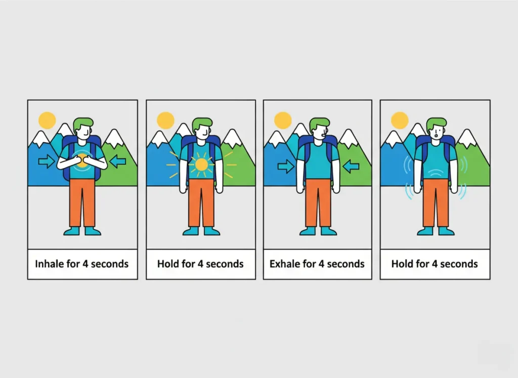Modern explainer cartoon infographic showing the four steps of box breathing in a horizontal layout, with minimalist icons of a hiker managing breath for anxiety relief on the trail.