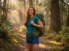Budget Hiking Gear: A Skill-Building Guide for Beginners A smiling woman with red hair adjusts her backpack while standing on a sunny hiking trail in a forest.