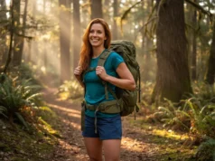 Budget Hiking Gear: A Skill-Building Guide for Beginners A smiling woman with red hair adjusts her backpack while standing on a sunny hiking trail in a forest.