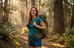 Budget Hiking Gear: A Skill-Building Guide for Beginners A smiling woman with red hair adjusts her backpack while standing on a sunny hiking trail in a forest.