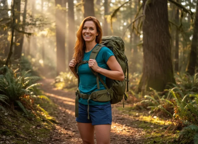 budget-hiking-gear-beginners-guide A smiling woman with red hair adjusts her backpack while standing on a sunny hiking trail in a forest.
