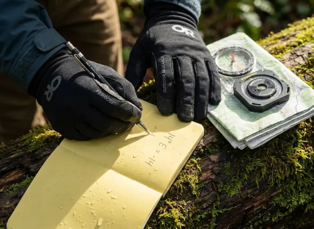 Hiker writing declination math in a Rite in the Rain notebook next to a Brunton TruArc compass.