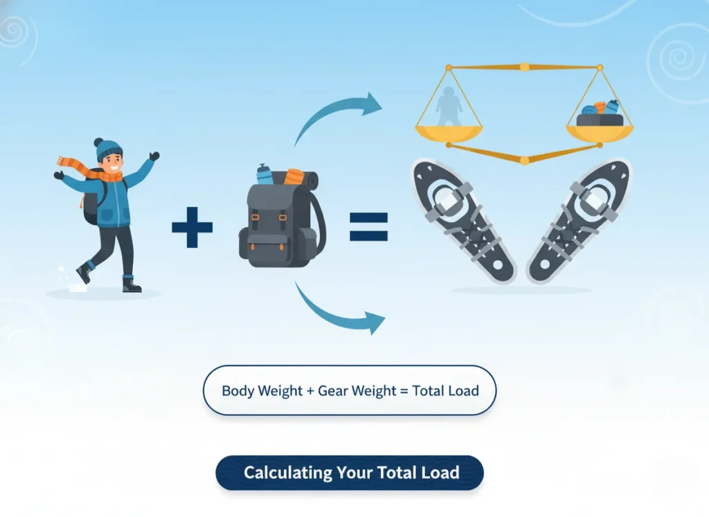 A vibrant, minimalist vector illustration depicting the formula for calculating total load in snowshoe sizing: a cartoon hiker adding backpack gear weight to reach a balanced snowshoe scale, with dynamic icons and explanatory text for winter hiking education.