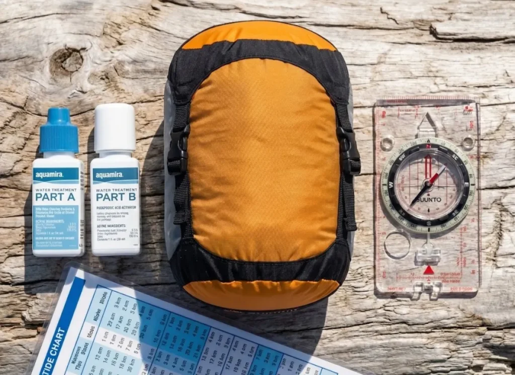 Macro flat lay of coastal hiking gear including a Sea to Summit dry bag, Suunto compass, and tide chart on driftwood.