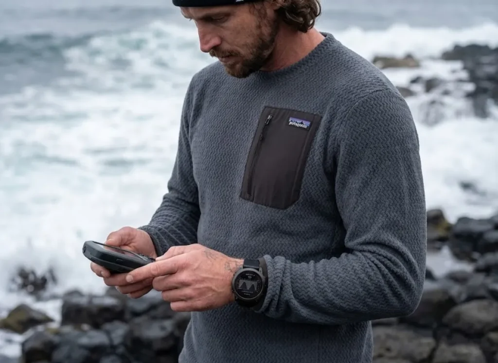 Close-up of a hiker checking a tide graph on a Garmin Fenix watch while wearing a textured Patagonia fleece near the ocean.