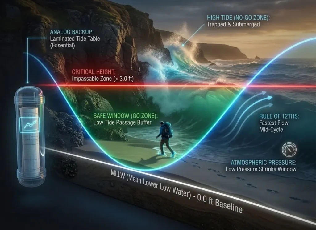 A complex infographic showing a coastal cliff cross-section overlaid with a glowing tide chart curve. Labels indicate MLLW, Critical Height, Safe Window (Go Zone), and High Tide (No-Go Zone). A hiker figure crosses a beach during the safe window. Additional data points show an analog backup tide table and the Rule of 12ths.