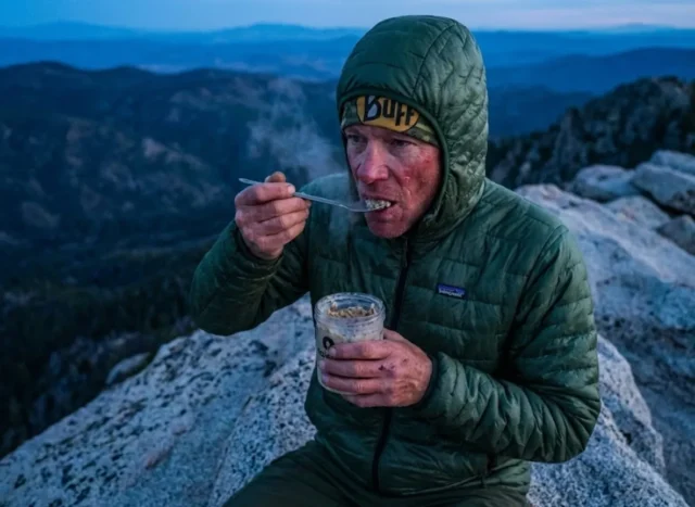 cold-soaking-recipes-ranked Hiker on a mountain ridge eating a cold soak meal from a Talenti jar using a Toaks titanium spoon while wearing a Patagonia jacket.