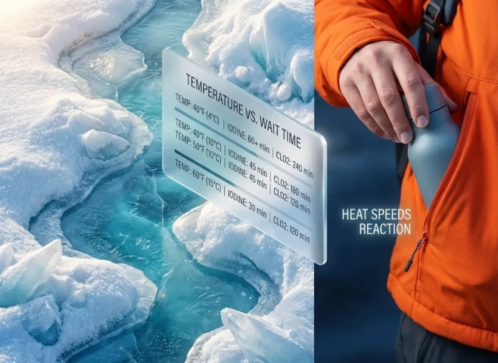 A premium 3D infographic illustrating the impact of water temperature on chemical purification times. The visual features a floating data table comparing Iodine and Chlorine Dioxide wait times at 40°F, 50°F, and 60°F, set against a cinematic mountain wilderness backdrop with a hiker warming a water bottle inside their jacket.