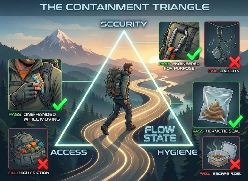 A semantic infographic illustrating "The Containment Triangle" framework for evaluating hiking gear, with a central glowing triangle labeled "SECURITY," "ACCESS," and "HYGIENE," connected by a winding hiking trail. Icons and text demonstrate gear that passes or fails within each vector, emphasizing a "FLOW STATE."