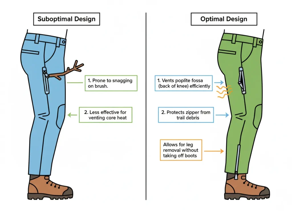 An infographic comparing suboptimal and optimal designs for convertible hiking pant zippers. The optimal design shows a rear-opening zipper for venting and ankle zips for removing legs over boots.