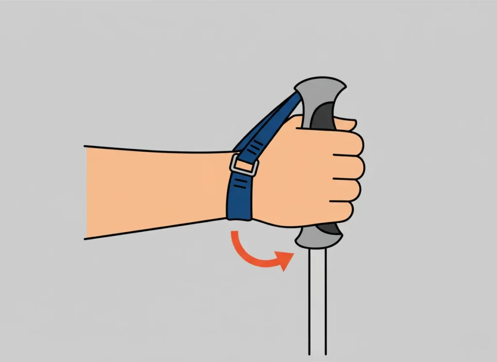 Minimalist illustration of a hand correctly inserting through a trekking pole wrist strap from below, with the palm heel resting on the strap for load transfer and a light fingertip grip on the handle, highlighted by an explanatory arrow.