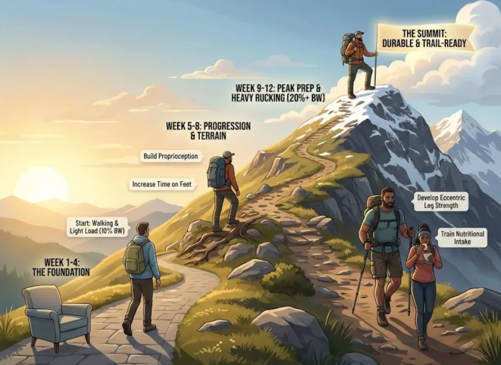 A 12-week infographic timeline titled 'Couch to Summit', visualizing the progression from sedentary life to heavy rucking for long-haul travel. It shows a winding mountain path divided into three phases: Foundation (Weeks 1-4, light load), Progression (Weeks 5-8, uneven terrain), and Peak Prep (Weeks 9-12, heavy rucking, poles, eccentric strength), culminating in a trekker at a mountain peak.