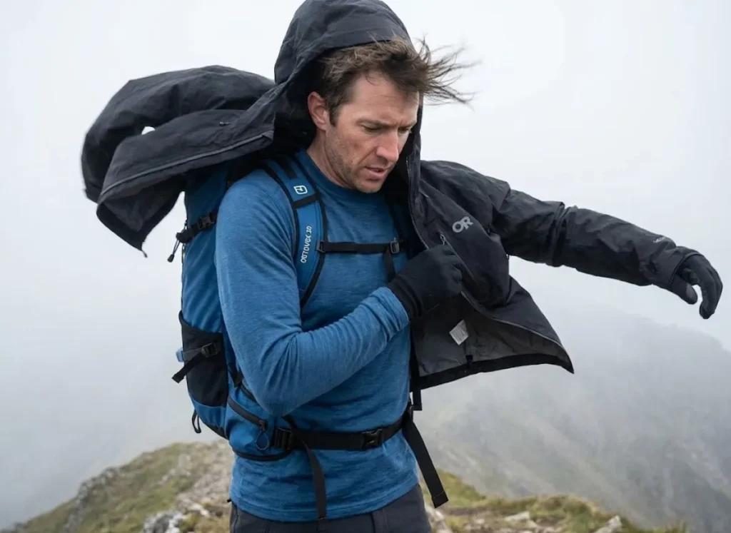 Hiker layering up with an Outdoor Research jacket and Smartwool base layer in windy alpine conditions.