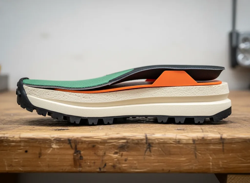 A cross-section of a hiking shoe sole on a workbench, clearly showing the outsole, midsole, and integrated rock plate.