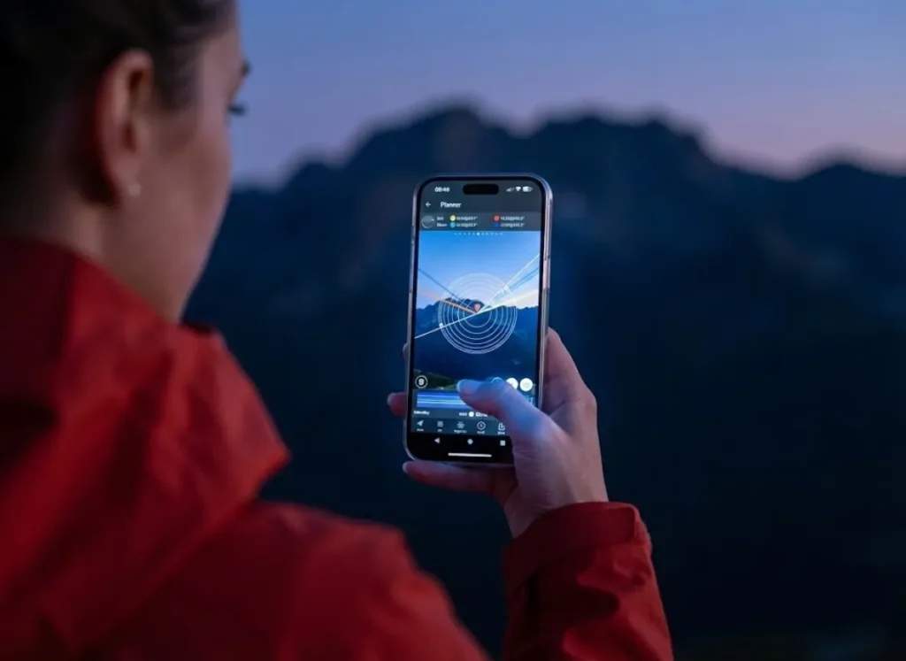 A hiker holding a smartphone displaying the PhotoPills augmented reality app, visualizing the sun's path over a mountain silhouette in the dark.