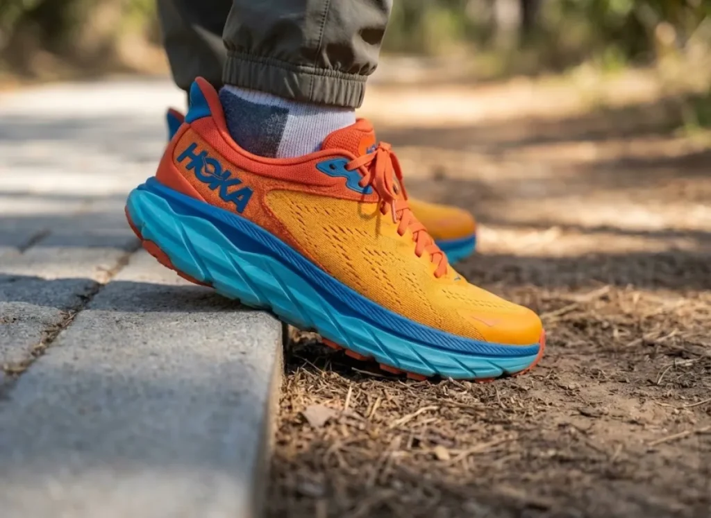 Close up of Hoka Challenger ATR 7 hybrid running shoes stepping from pavement onto dirt.