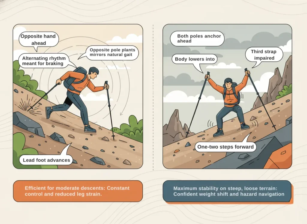 Two-panel infographic diagram illustrating efficient asymmetrical gait and stable double pole plant techniques for trekking poles on steep downhill trails, featuring dynamic hiker figures, terrain details, and annotated support elements in a vibrant explainer cartoon style.