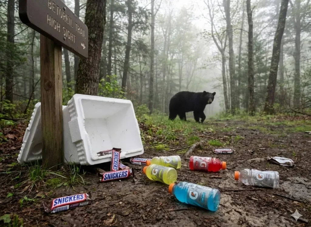 Broken cooler with Snickers wrappers and Gatorade bottles left on the trail, attracting wildlife.