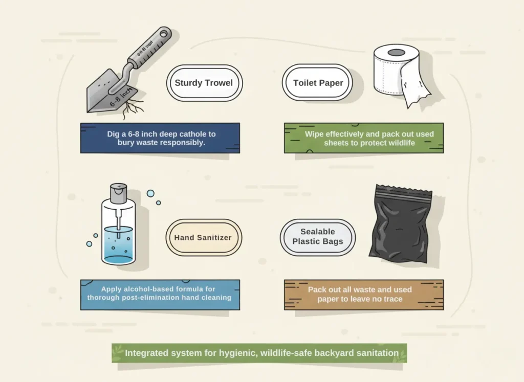 Infographic illustrating the four core items of an essential backcountry poop kit laid out in a clean, organized arrangement, featuring a sturdy trowel, toilet paper roll, hand sanitizer bottle, and sealable plastic bags, each with labeled functions for hygienic wilderness waste management.