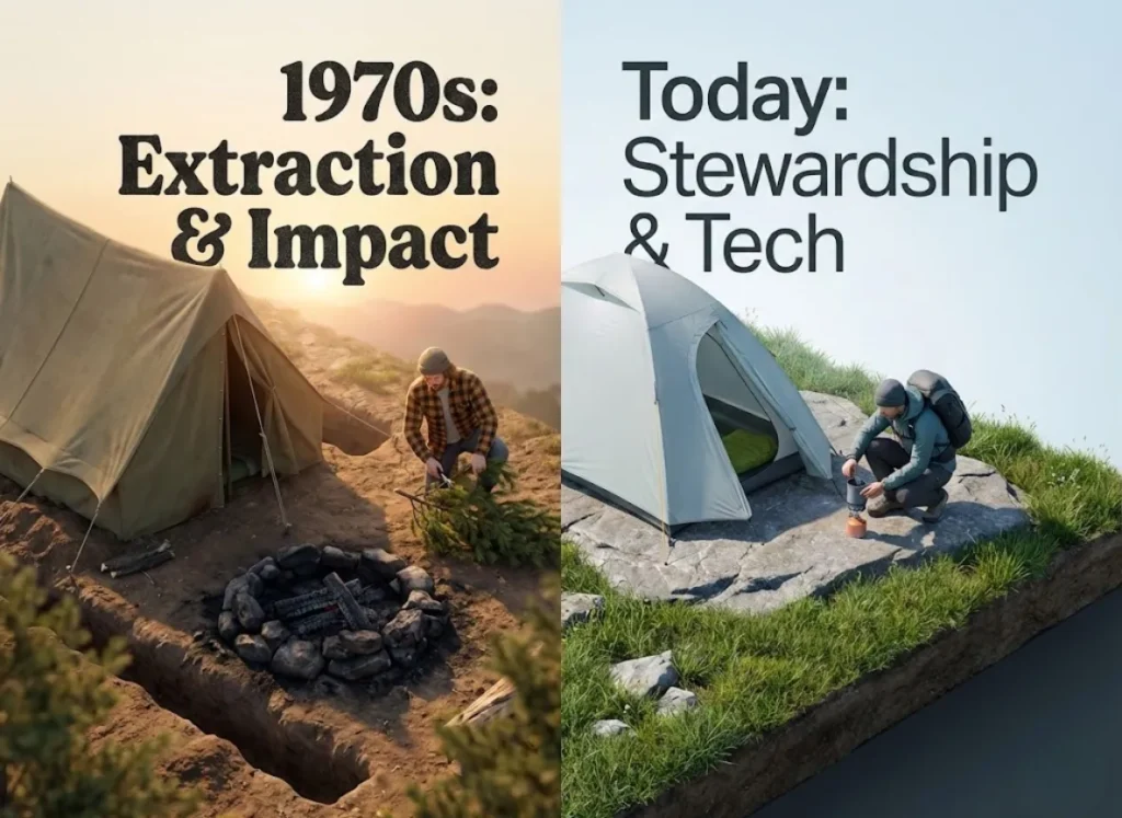 A high-definition, split-screen isometric illustration comparing historical camping habits with modern Leave No Trace principles. The left side shows a 1970s scene with a trenched canvas tent and campfire scarring the ground. The right side shows a modern, pristine campsite with ultralight gear and no environmental impact.