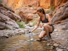 Finding Water: A Hiker’s Field Guide for Any Terrain A female hiker with red hair kneeling by a stream in a canyon to collect water in a bottle.