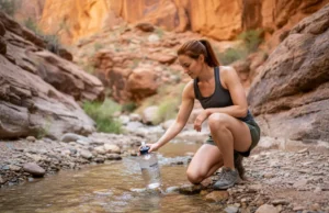 Finding Water: A Hiker’s Field Guide for Any Terrain A female hiker with red hair kneeling by a stream in a canyon to collect water in a bottle.