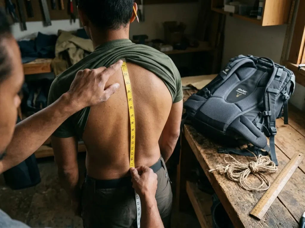 Flexible cloth tape measure running down the spine to take a torso length measurement