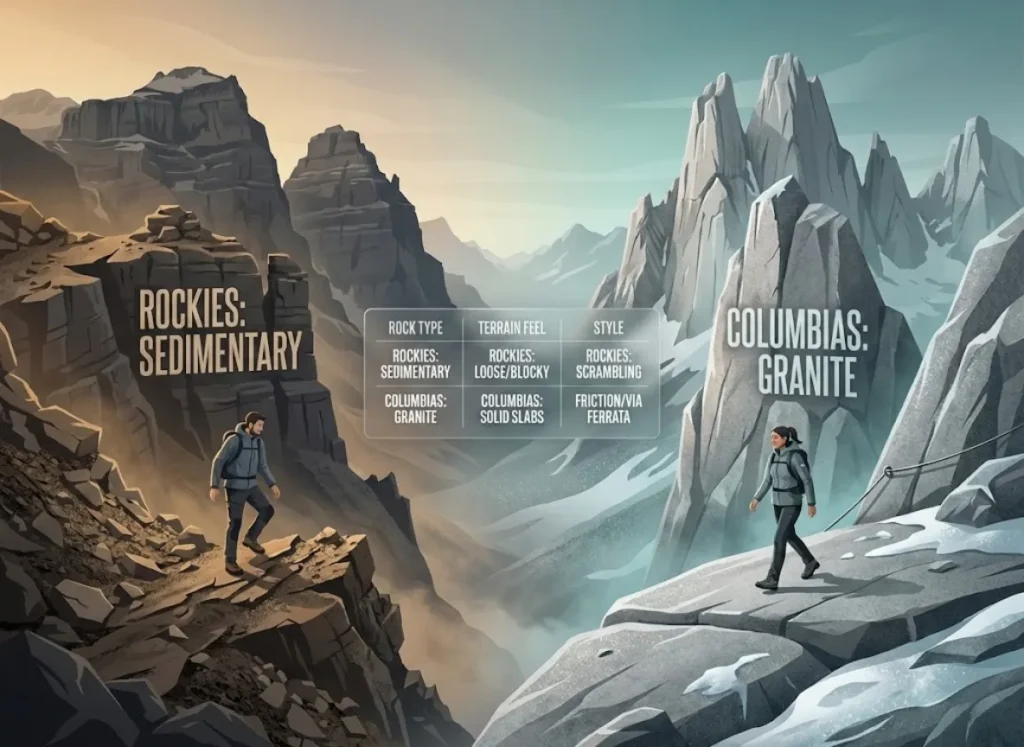 A split-screen editorial illustration comparing the geology of the Canadian Rockies and the Columbia Mountains. The left side shows crumbly, layered limestone and shale (Rockies), while the right side shows massive, solid granite spires and smooth slabs (Columbias), with a high-end comparison table integrated into the central valley.