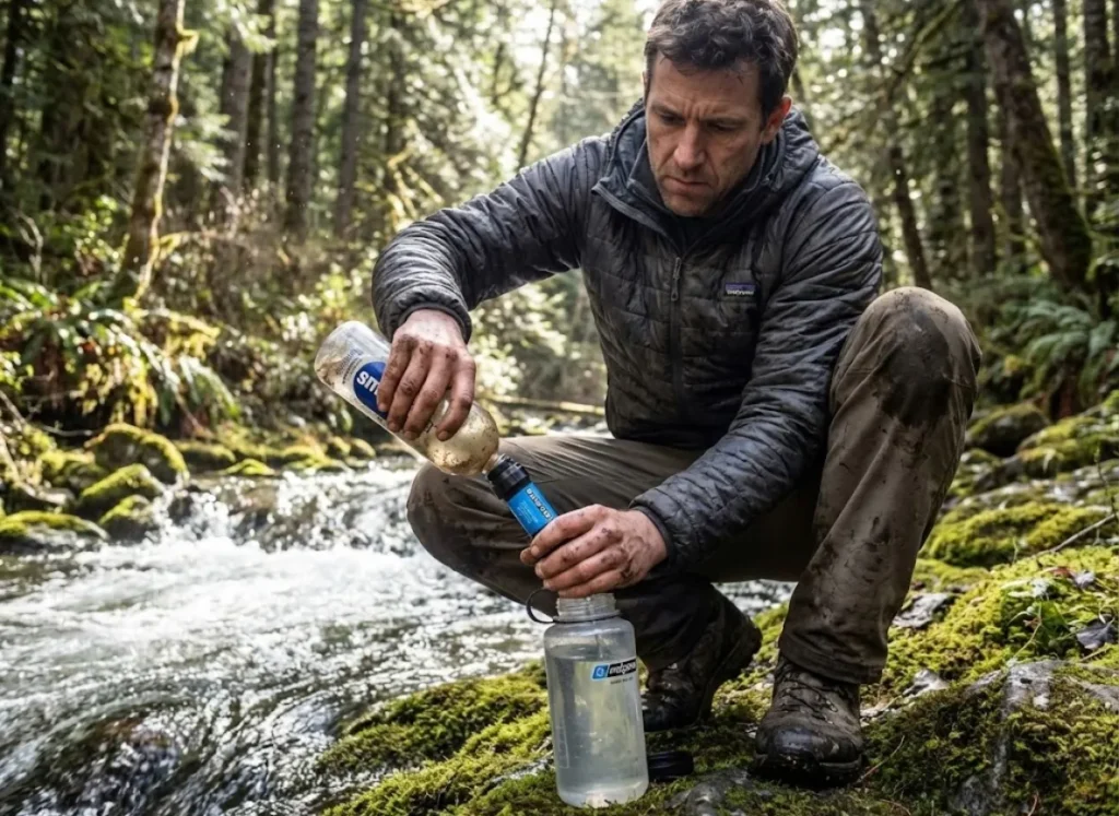 A hiker in a Patagonia jacket filters stream water using a Sawyer Squeeze attached to a Smartwater bottle in a dense forest.