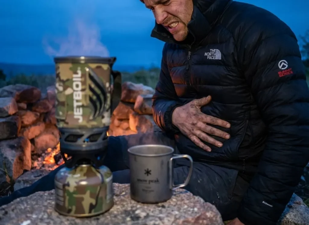 A camper in a North Face jacket clutches their stomach and refuses food near a JetBoil stove, showing signs of nausea and bloating.