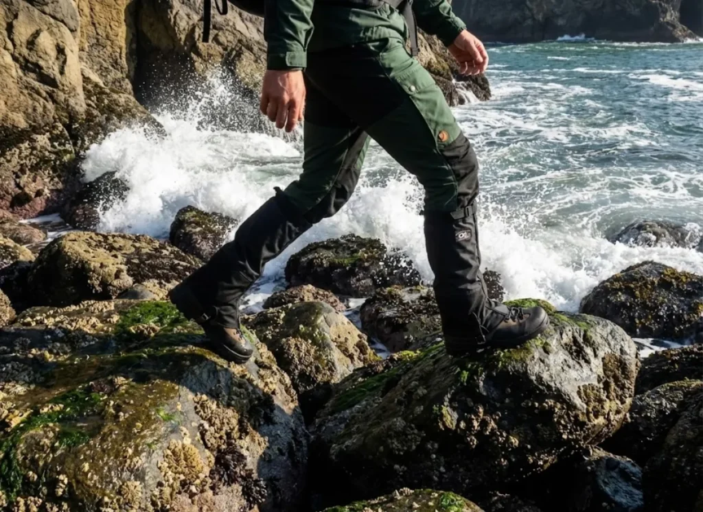 A hiker navigating wet, rocky intertidal terrain wearing Fjällräven trousers and gaiters, with crashing waves nearby.