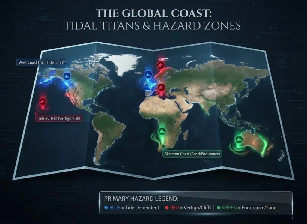 A futuristic, holographic global map visualization titled "THE GLOBAL COAST." It highlights 15 coastal hiking trails as glowing data points. A legend indicates color-coding: Blue points for "Tide Dependent" hazards, Red for "Vertigo/Cliffs," and Green for "Endurance/Sand." Specific labels like "West Coast Trail" (blue) and "Kalalau Trail" (red) are visible.